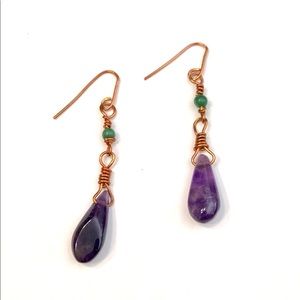 Handmade amethyst drop and Jade, copper wire earrings